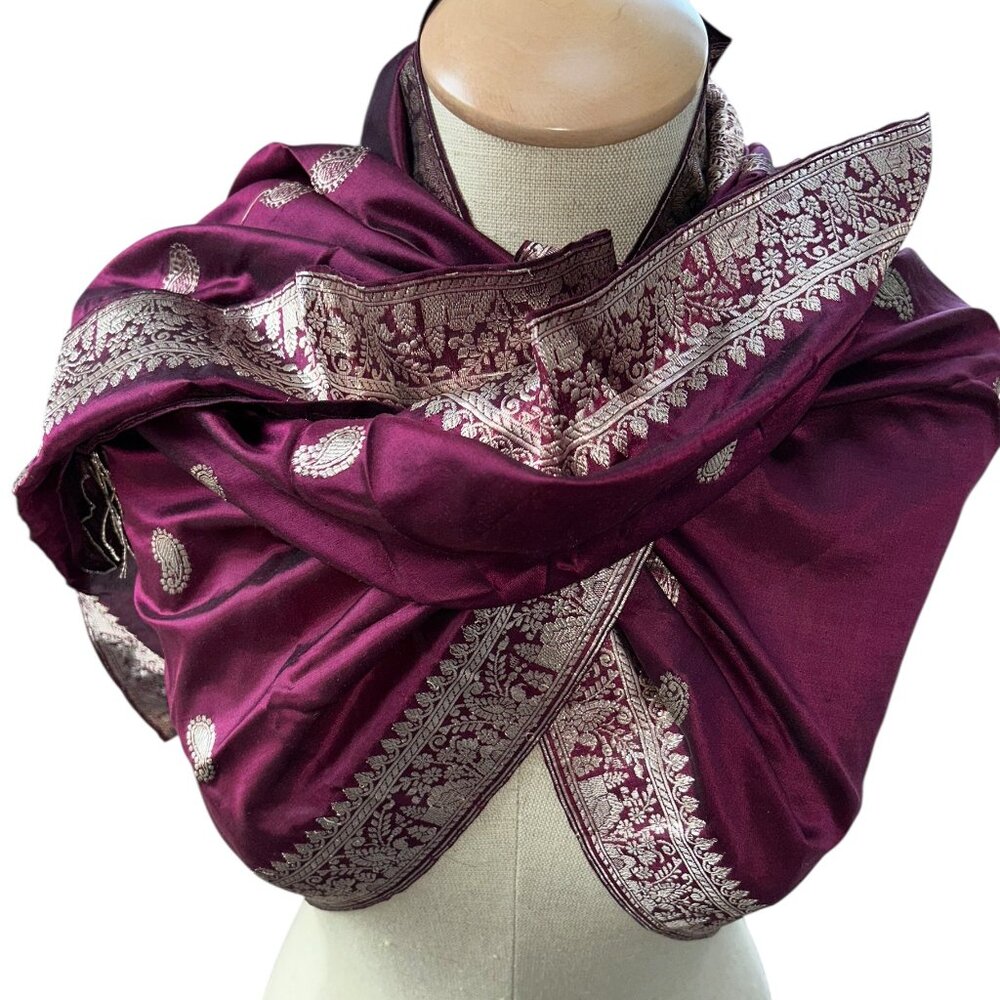 Indian Sari SILK burgundy gold embroidered paisley dupatta scarf 22x70
